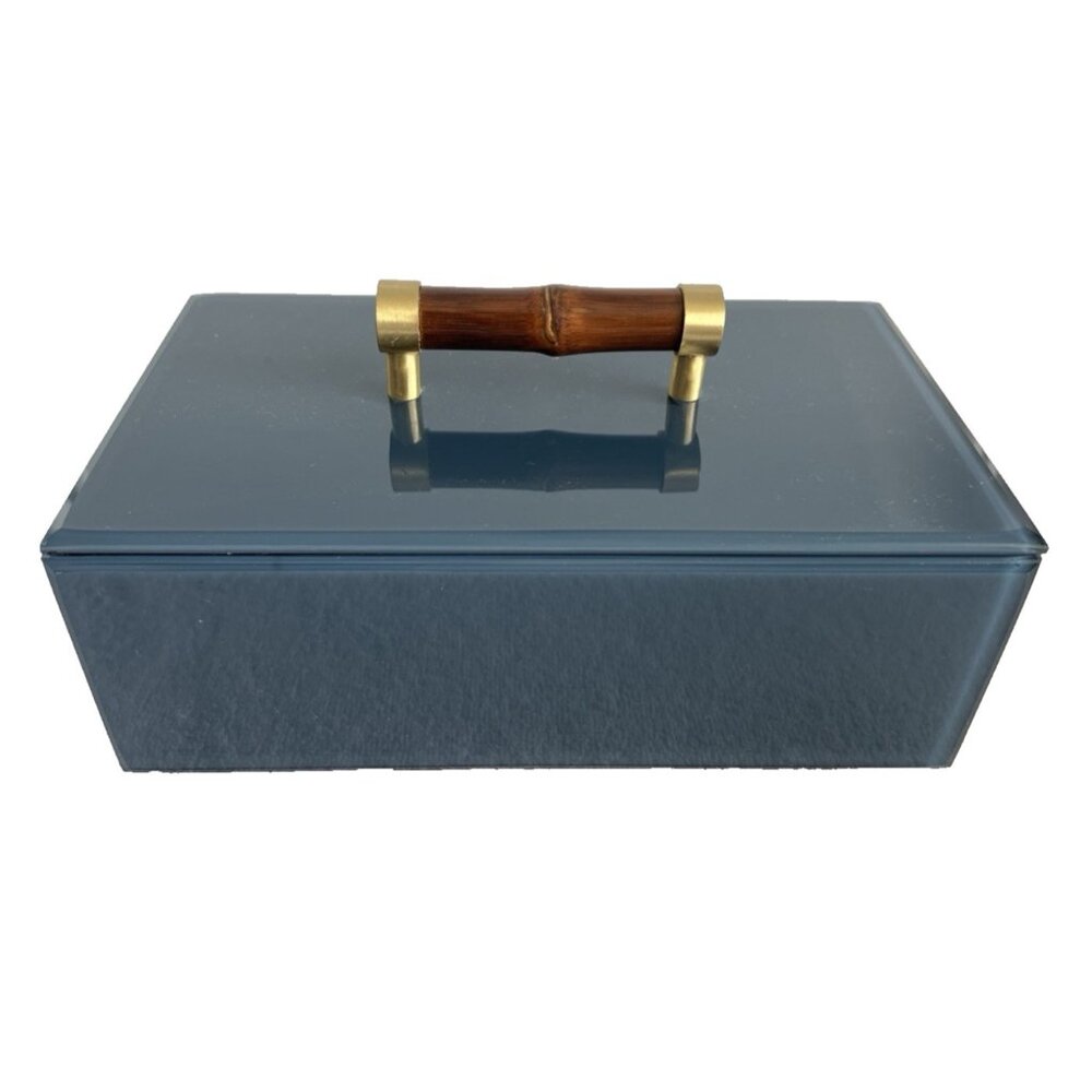 Lucite Lidded Box Blue Bamboo Wood Handle 9”L X 5”W X 4.5”H High Gloss BEAUTIFUL